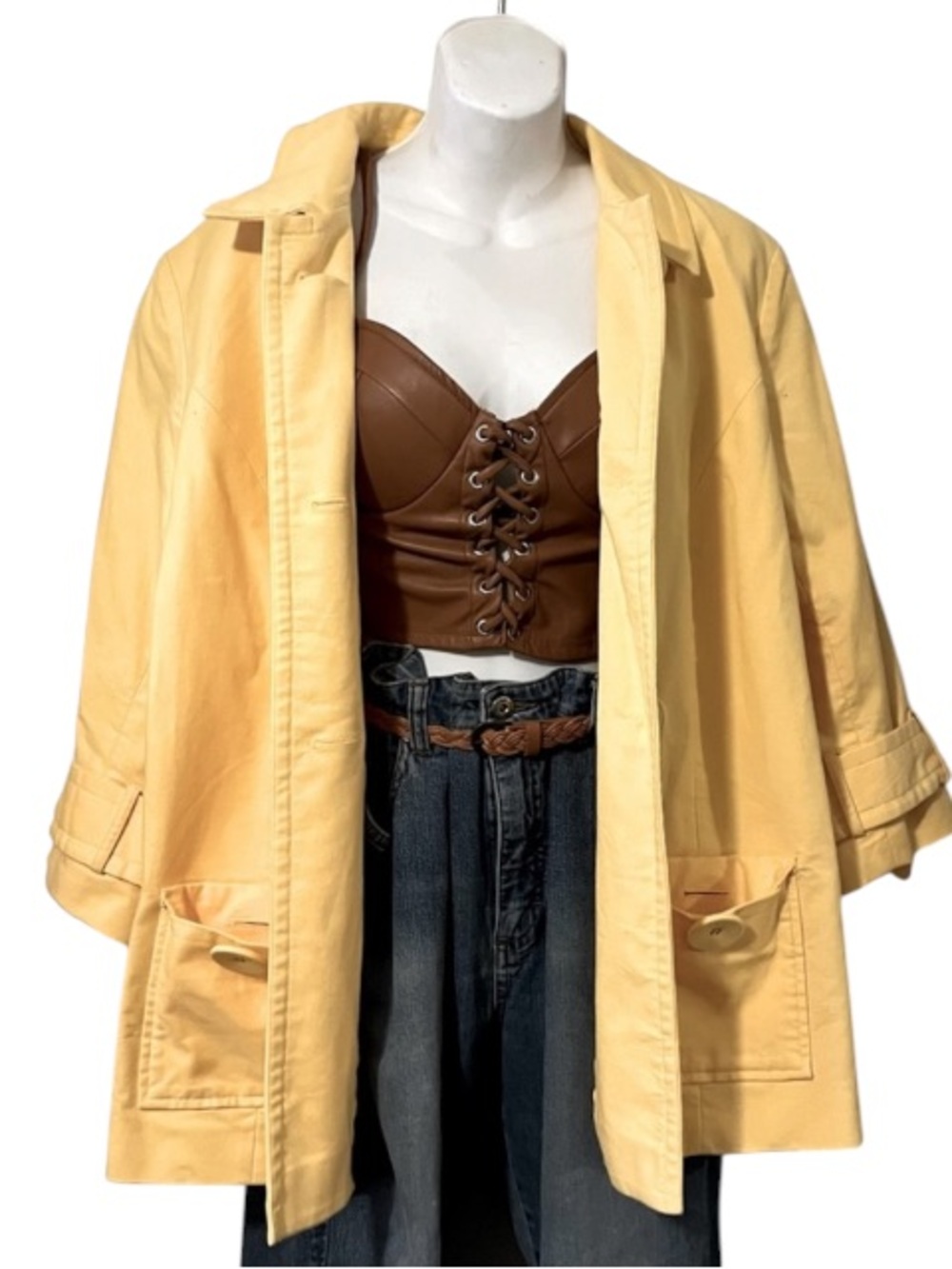 Yellow Fully Lined 97% Cotton 3/4 Sleeve Collared Loose Boxy Trench Coat Sz L